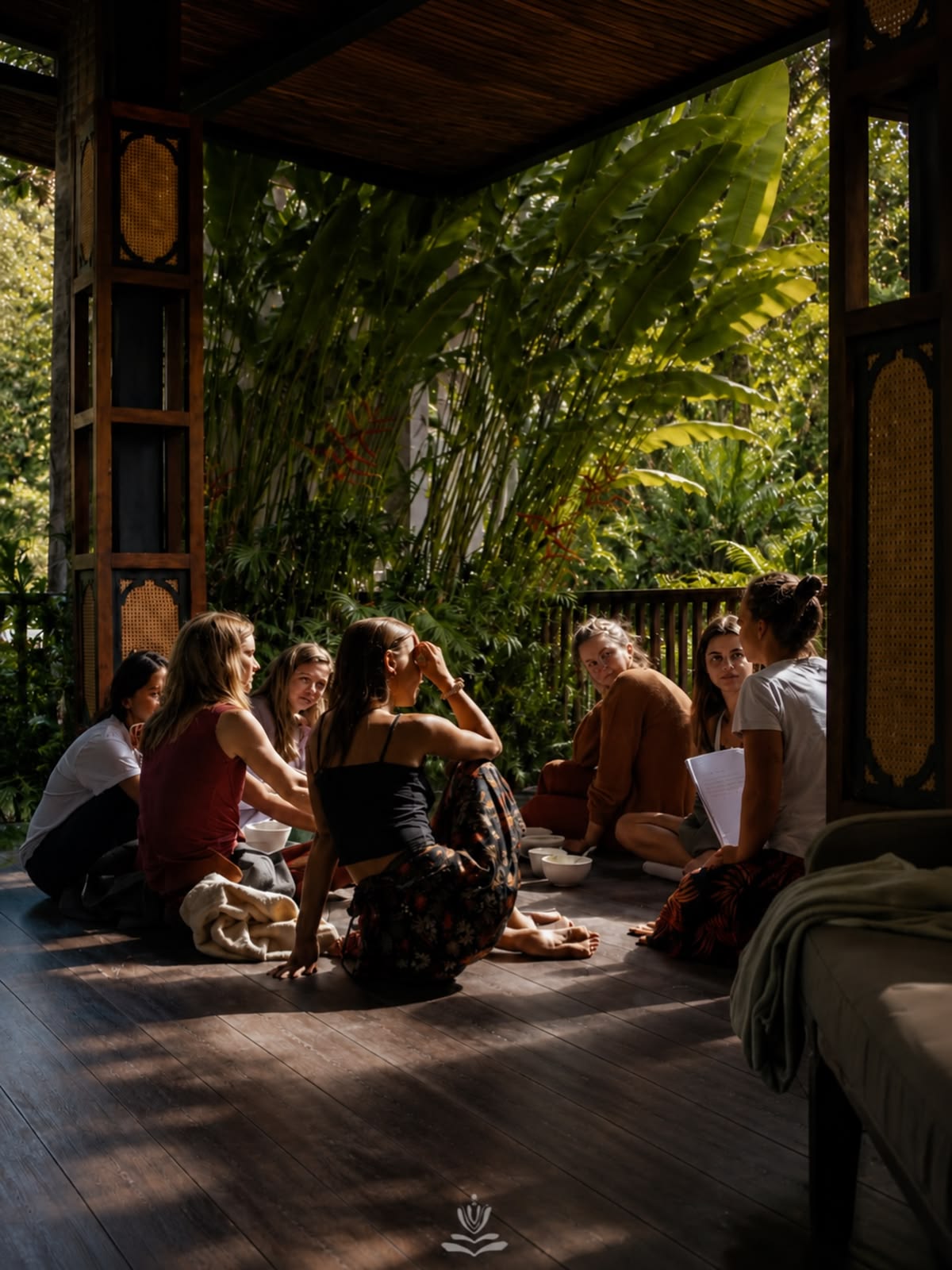 Grupo de participantes conversando en círculo bajo una terraza rodeada de vegetación.